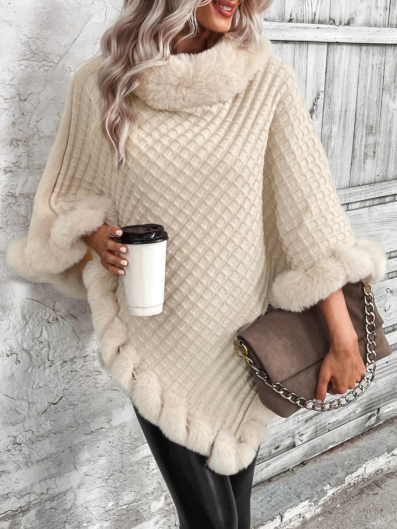 Women’s Poncho Sweater – Cable Knit – Faux Fur Trim – Oversized Fit – Cowl Neck