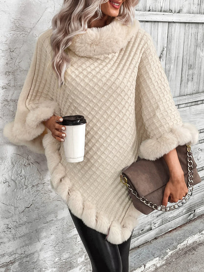 Women’s Poncho Sweater – Cable Knit – Faux Fur Trim – Oversized Fit – Cowl Neck