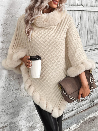 Women’s Poncho Sweater – Cable Knit – Faux Fur Trim – Oversized Fit – Cowl Neck