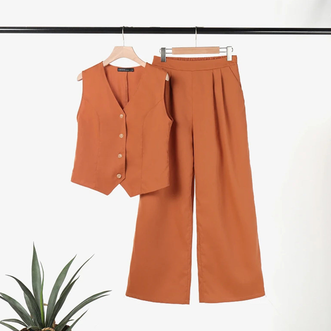 Women's Vest and Pants Set - Tailored Fit - Sleeveless - Wide Leg - Casual Chic