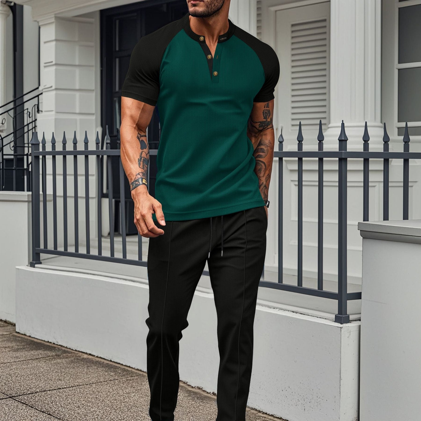 Men’s Two-Piece Set – Short Sleeve Top – Slim Fit – Raglan Sleeves – Straight Leg Pants – Cotton Blend