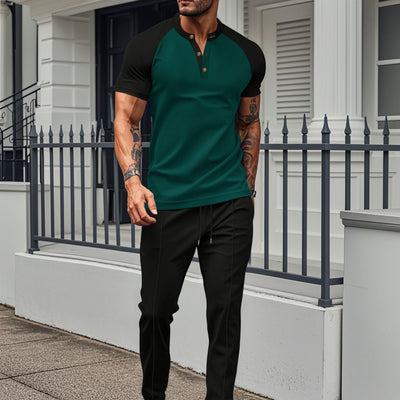 Men’s Two-Piece Set – Short Sleeve Top – Slim Fit – Raglan Sleeves – Straight Leg Pants – Cotton Blend