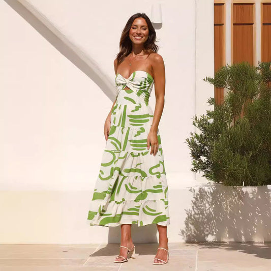 Women’s Maxi Dress – Cotton Blend – V-Neck – Open Back Tie – A-Line Flared Fit