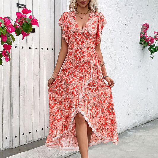 Women’s Wrap Dress – Lightweight Cotton Blend – V-Neck – Ruffle Sleeve – Midi Length
