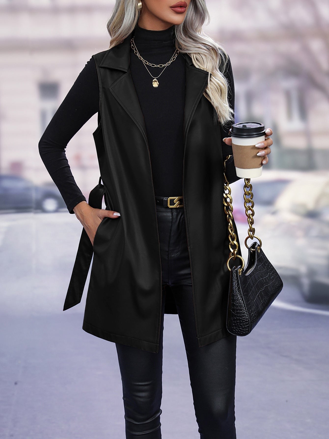 Women’s Vest Jacket – Faux Leather – Tailored Fit – Tie Waist – Sleeveless Layering
