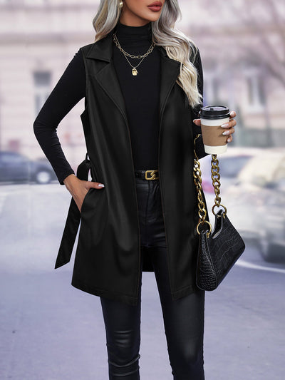 Women’s Vest Jacket – Faux Leather – Tailored Fit – Tie Waist – Sleeveless Layering