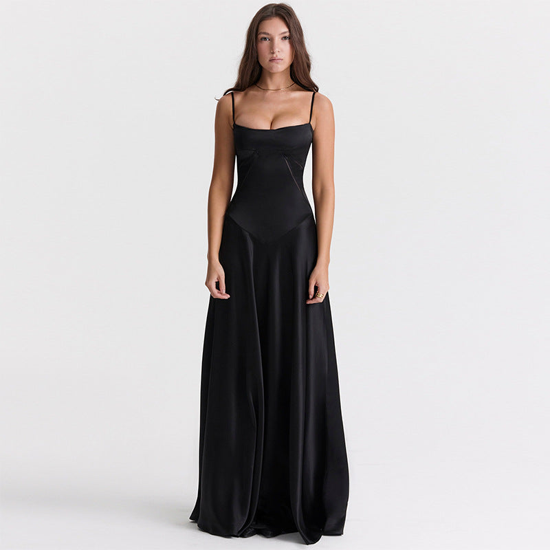 Women’s Evening Gown – Satin A-Line – Spaghetti Straps – Cut-Out Waist – Full Length