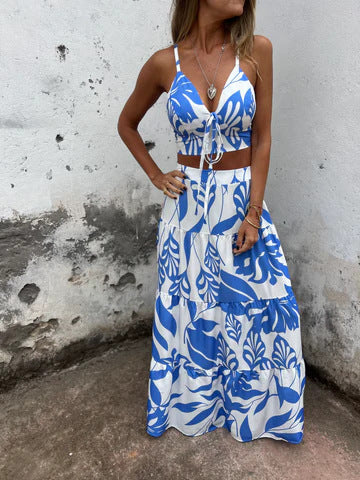 Women’s Two-Piece Set – Tie-Front Crop Top – High Waist Maxi Skirt – Breathable Blend
