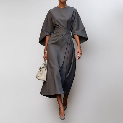 Women’s Long Dress – Satin Feel – Batwing Sleeve – Fitted Waist – Draped Silhouette