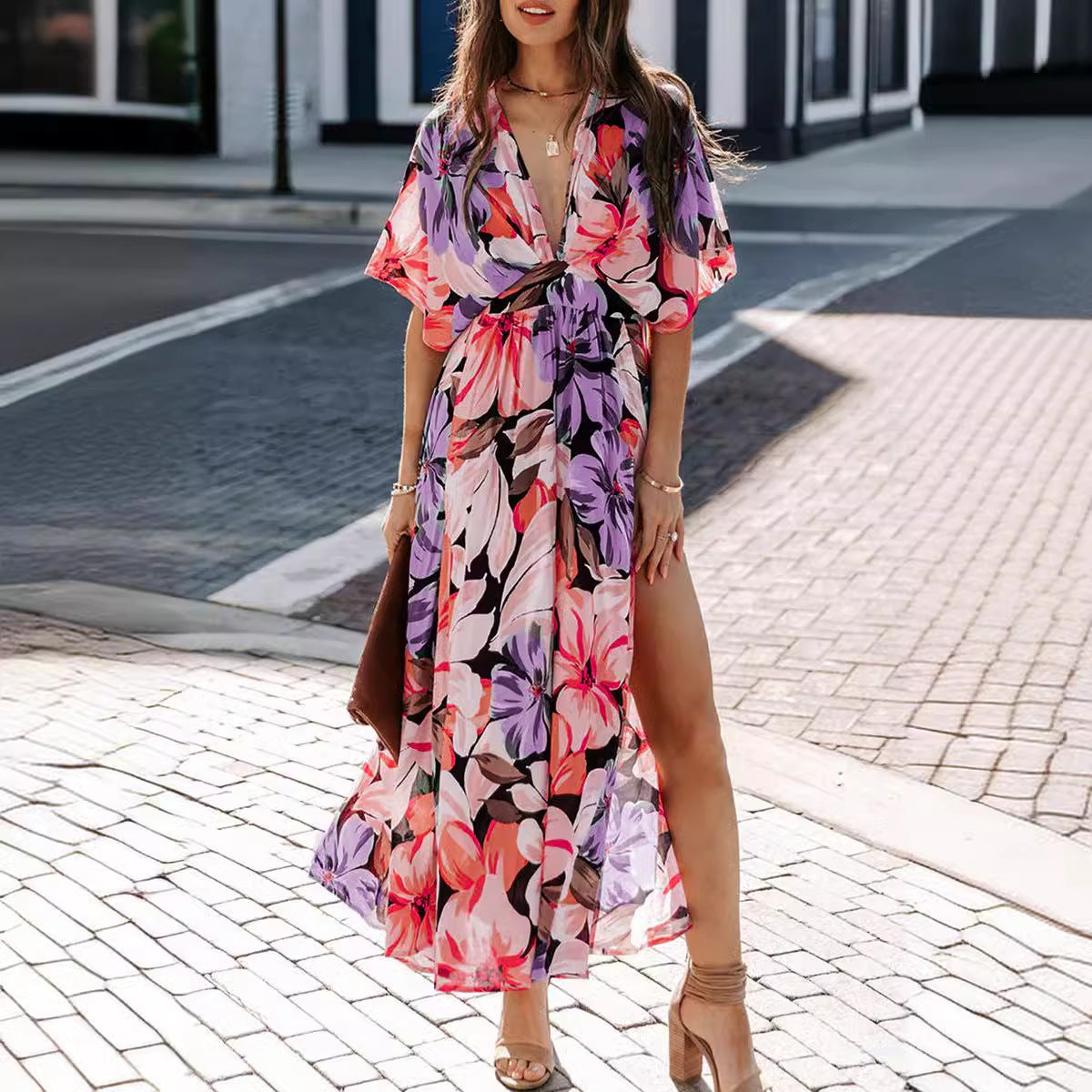 Women’s Maxi Dress – Floral Print – Wrap V-Neck – High Waist – Side Slit – Short Sleeve