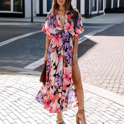 Women’s Maxi Dress – Floral Print – Wrap V-Neck – High Waist – Side Slit – Short Sleeve