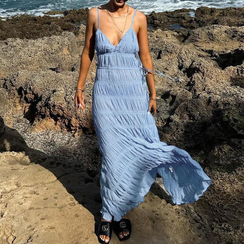 Women’s Maxi Dress – Slim Fit – Ruched Draped Design – V-Neck – Spaghetti Straps – Backless