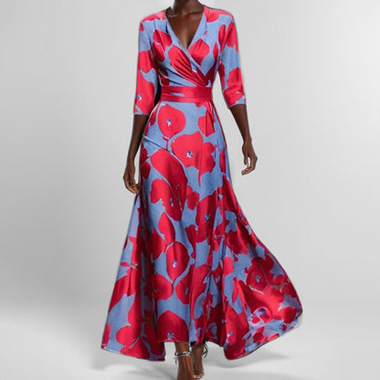 Women's Floral Print V-Neck Maxi Dress with Pockets & Elbow Sleeves