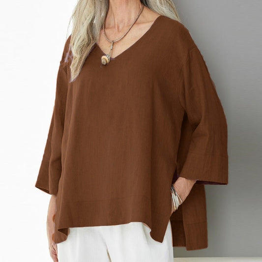 Women’s V-Neck Top – Cotton Linen Blend – Loose Fit – 3/4 Sleeve – Side Slits