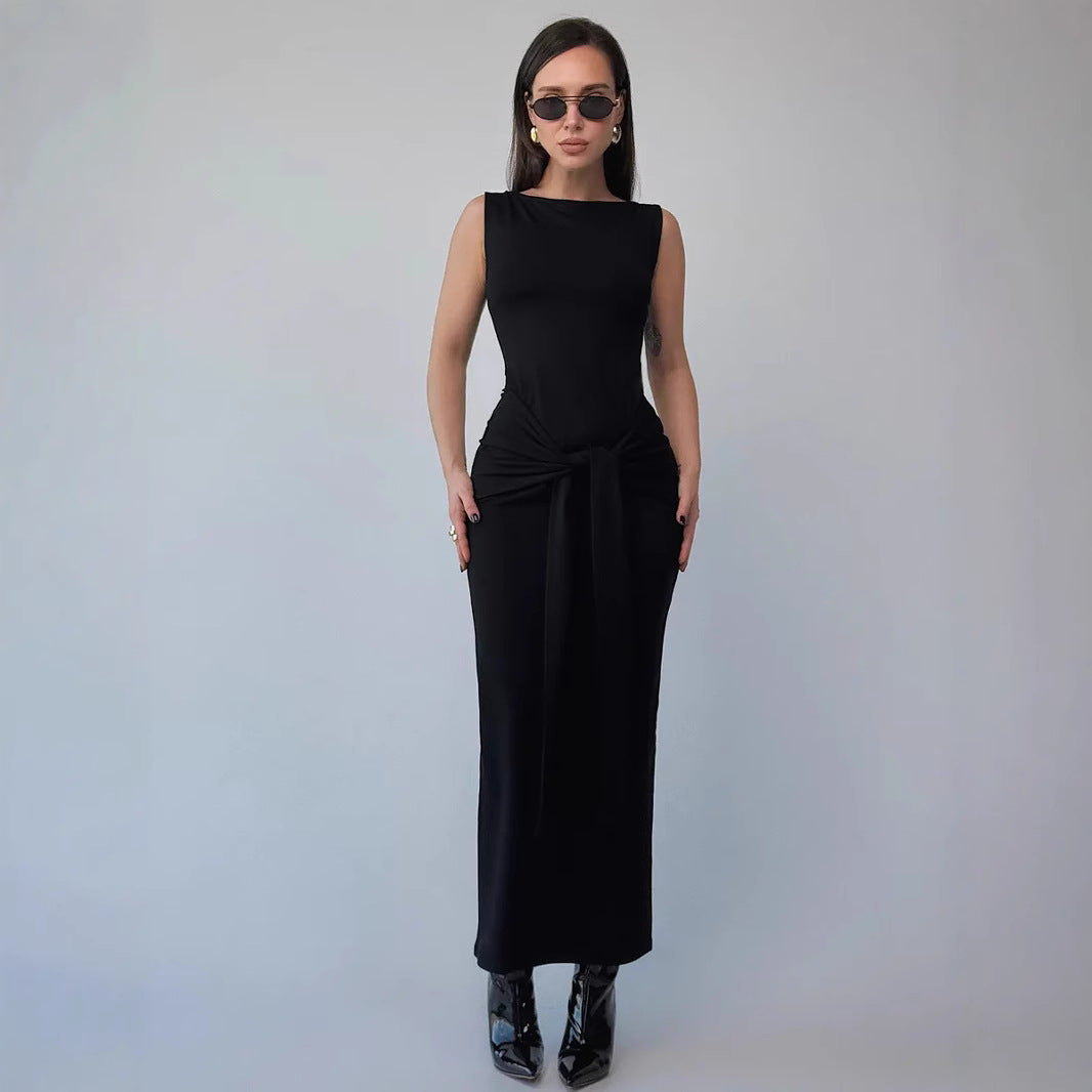 Women’s Bodycon Dress – Maxi Length – Slim Fit – Sleeveless with Waist Tie