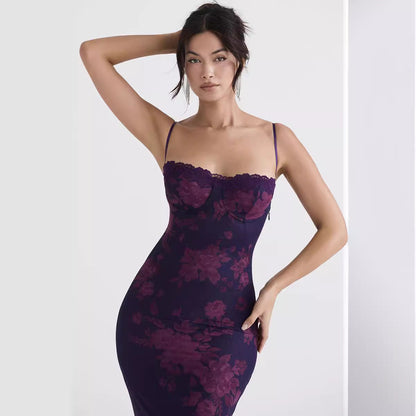 Women’s Long Dress – Satin Feel – Slim Fit – Spaghetti Straps – Floral Print – Open Back