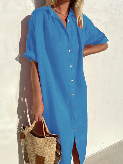 Women’s Shirt Dress – Cotton Linen Blend – Relaxed Fit – Button Down – Midi Length