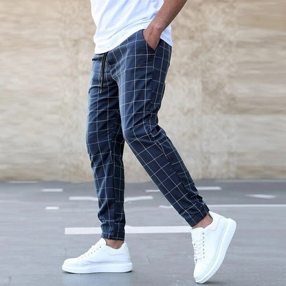 Men’s Jogger Pants – Tapered Fit – Cotton Blend – Grid Pattern – Elastic Waist Drawstring