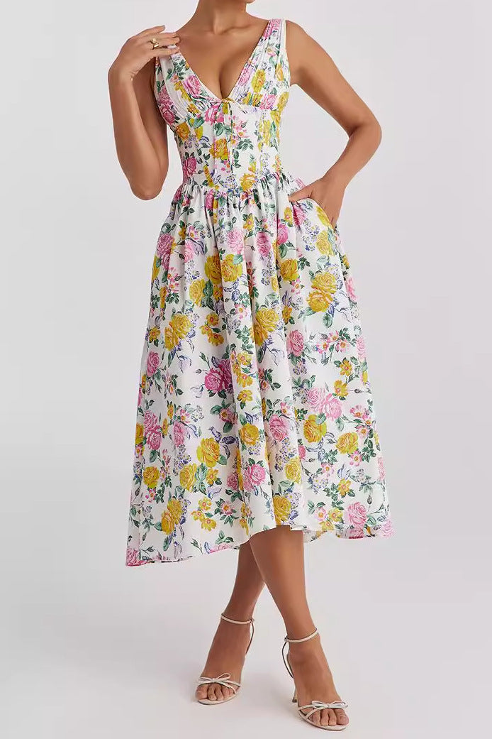 Women’s Midi Dress – Sleeveless V-Neck – A-Line Fit – Floral Print – Lightweight Fabric