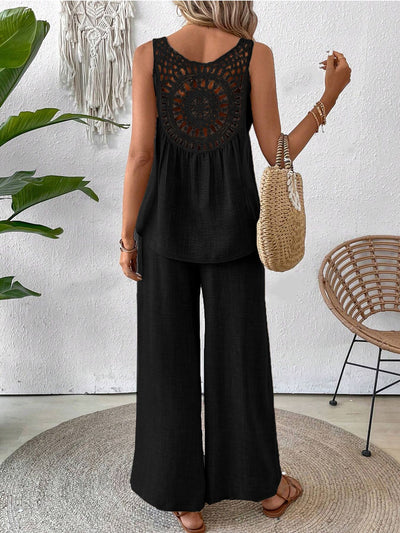 Women’s Summer Set – Sleeveless Crochet Top & Flowy Wide-Leg Pants – Casual Two-Piece Outfit