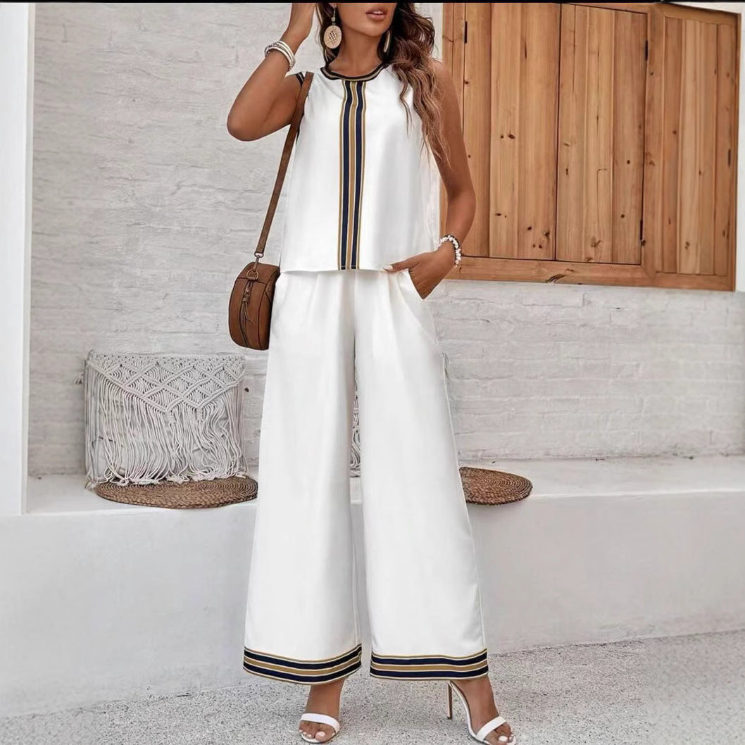 Women’s Two-Piece Set – Sleeveless Top and Wide-Leg Trousers – Relaxed Fit – Silky Feel