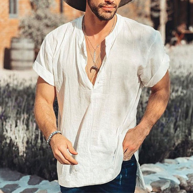 Men’s Casual Shirt – Relaxed Fit – Short Sleeve – V-Neck – Natural Fibers