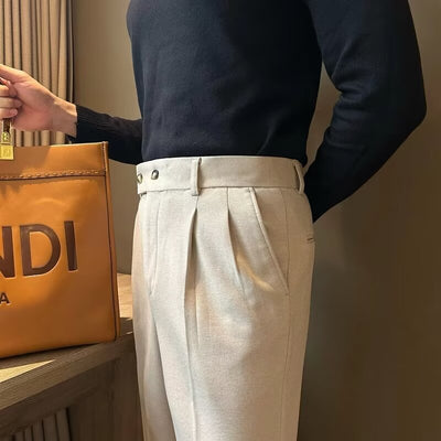 Men’s Dress Trousers – Wool Blend – Tailored Fit – High Waist – Pleated Front – Cuffed Hem