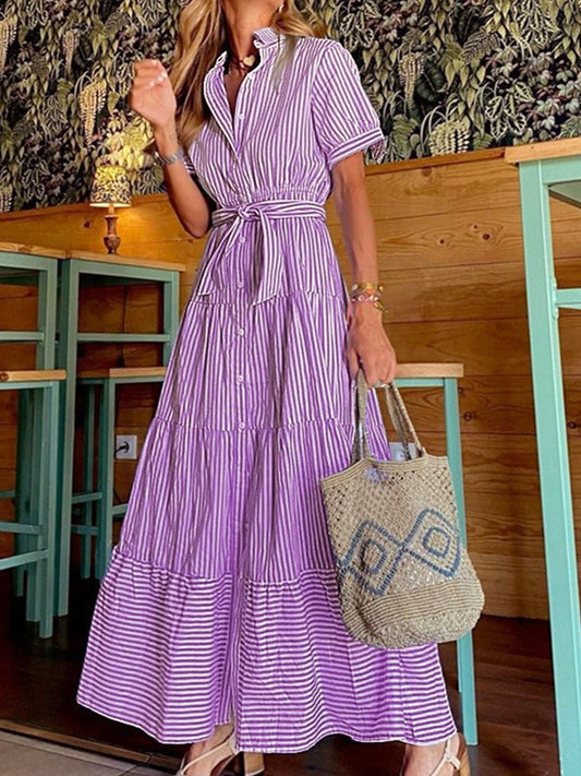 Women’s Midi Dress – Relaxed Fit – Button Front – Tiered Skirt – Breathable Blend