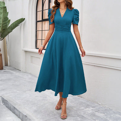 Women’s Midi Dress – Fit and Flare – V-Neck – Puff Sleeve – Ruched Waist – Elegant Style