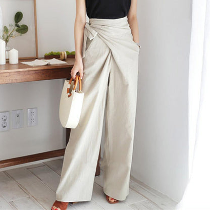 Women’s Wide-Leg Trousers – High Waist – Tie Belt – Lightweight Cotton – Full Length