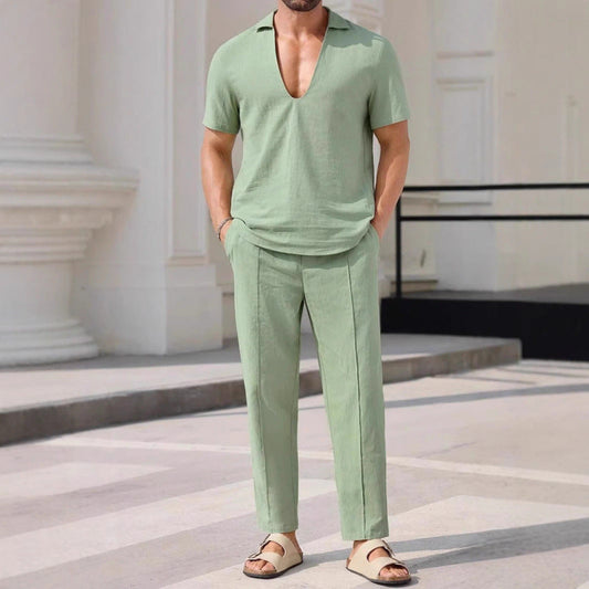 Men’s Two-Piece Set – Linen Blend – Relaxed Fit – V-Neck Shirt & Full-Length Pants