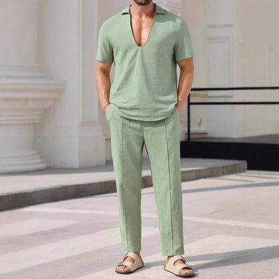 Men’s Two-Piece Set – Linen Blend – Relaxed Fit – V-Neck Shirt & Full-Length Pants