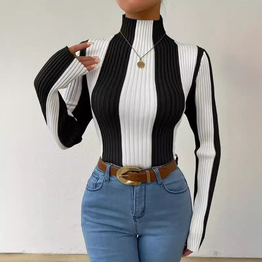 Women’s Knit Top – Slim Fit – Ribbed Stretch Fabric – Mock Neck – Long Sleeve