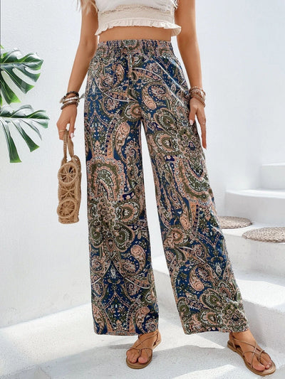 Women’s Wide-Leg Trousers – Relaxed Fit – Elastic Waist – Breathable Blend – Boho Print