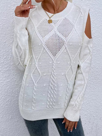 Women’s Sweater – Loose Fit – Open Shoulder – Cable Knit – Ribbed Cuffs