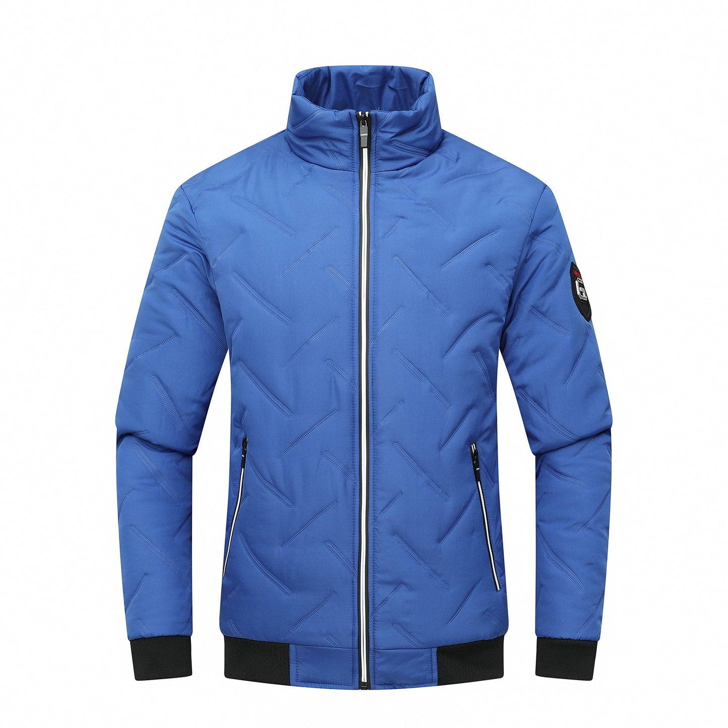 Men’s Quilted Jacket – Slim Fit – Chevron Pattern – Stand Collar – Zippered Pockets