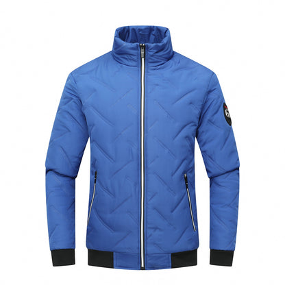 Men’s Quilted Jacket – Slim Fit – Chevron Pattern – Stand Collar – Zippered Pockets