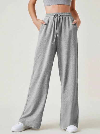 Women’s Wide-Leg Pants – Cotton Knit – Relaxed Fit – Elastic Drawstring Waist – Full Length