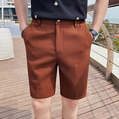 Men’s Slim Fit Shorts – Textured Woven Fabric – Button Waist – Knee Length – Belt Loops