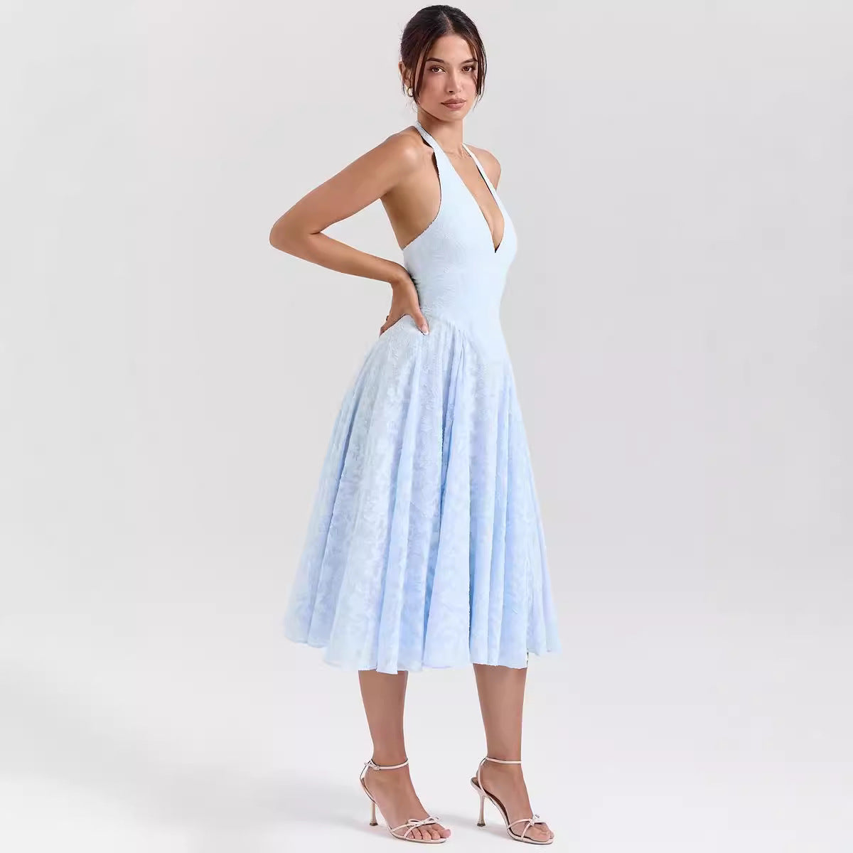 Women’s Halter Midi Dress – Slim Fit – Satin Finish – Deep V-Neck – A-Line Shape