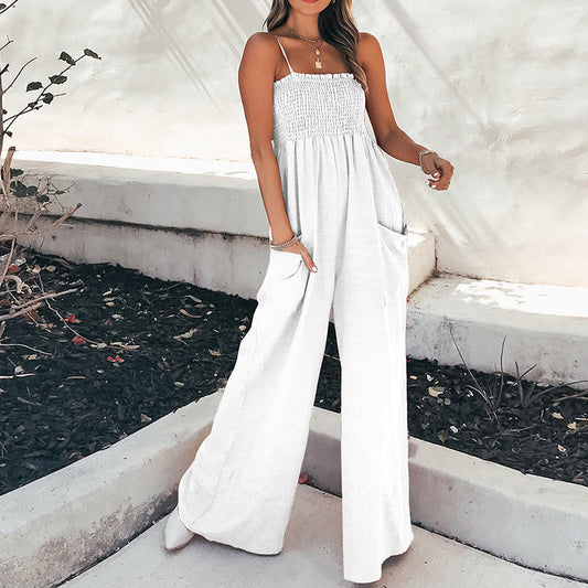 Women’s Jumpsuit – Relaxed Fit – Wide Leg – Ruched Bodice – Spaghetti Straps – Breathable Fabric