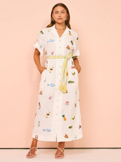 Women’s Shirt Dress – Lightweight Cotton – Relaxed Fit – Printed – Button Front – Belted – Midi – Short Sleeve