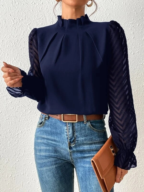 Women’s Blouse – Relaxed Fit – High Neck – Sheer Sleeves – Breathable Blend