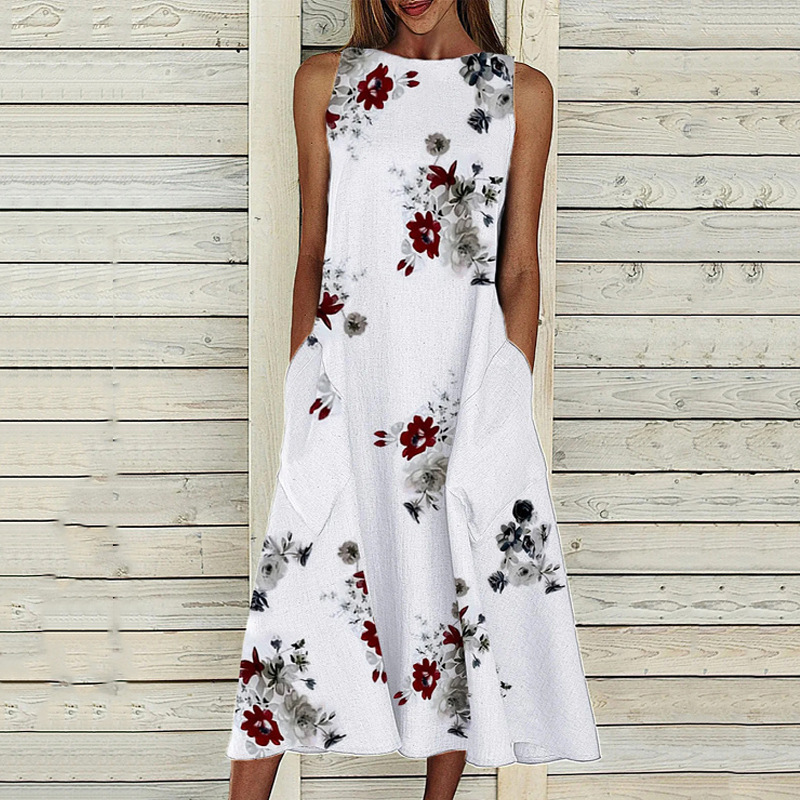 Women's Midi Dress - Sleeveless A-Line - Lightweight Fabric - Floral Print - With Pockets