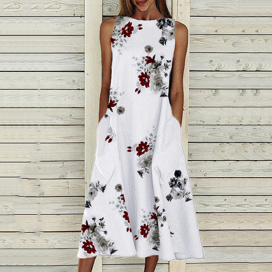 Women's Midi Dress - Sleeveless A-Line - Lightweight Fabric - Floral Print - With Pockets