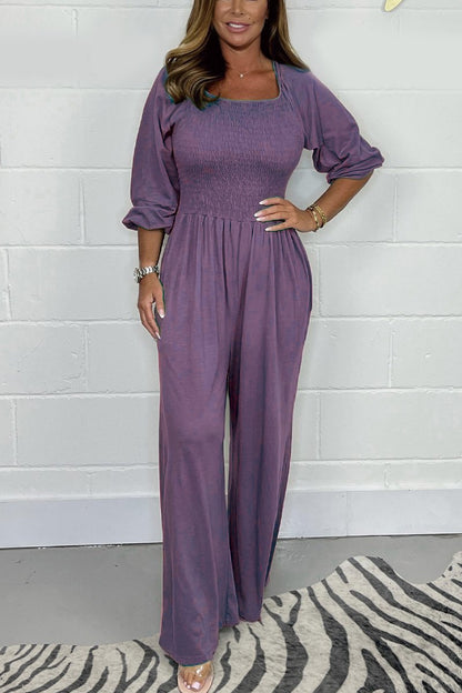 Women’s Jumpsuit – Smocked Bodice – Cotton Blend – Wide Leg – 3/4 Sleeve – Square Neck