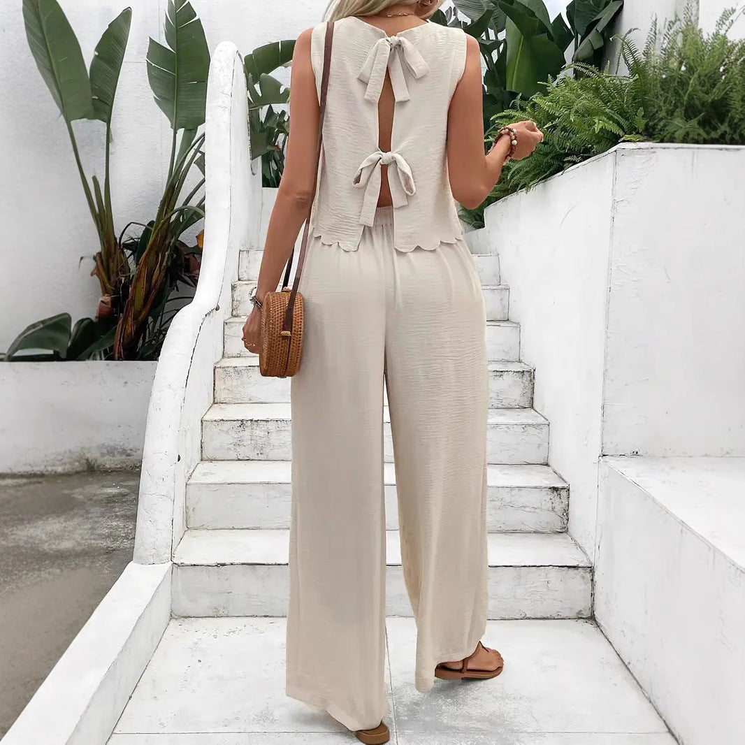 Women’s Wide-Leg Pants – Lightweight Crinkled Fabric – High Waist – Full Length Relaxed Fit