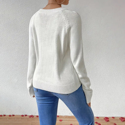 Women’s Pullover Sweater – Knitted – Relaxed Fit – Heart Motif – Crew Neck Casual Wear