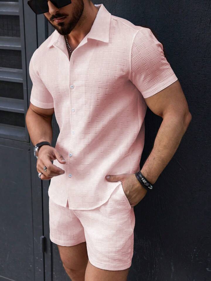 Men’s Co-ord Set – Slim Fit Button-Down Shirt & Mid-Thigh Shorts – Breathable Woven