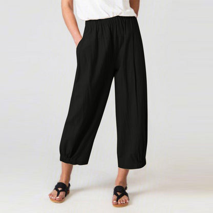 Women’s Harem Pants – Cotton Linen Blend – High Waist – Cropped Relaxed Fit – Side Pockets